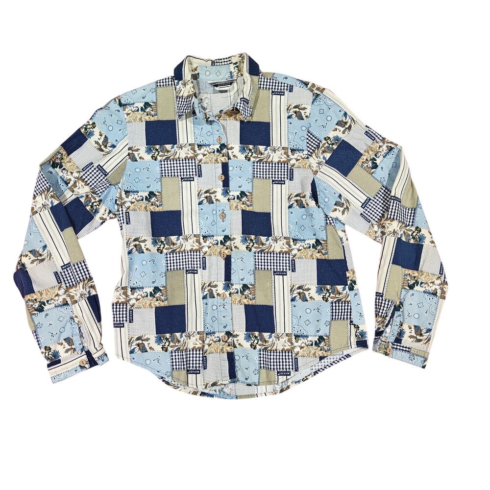 Rockies Patchwork Button Down Shirt Blue Yellow Womens Medium